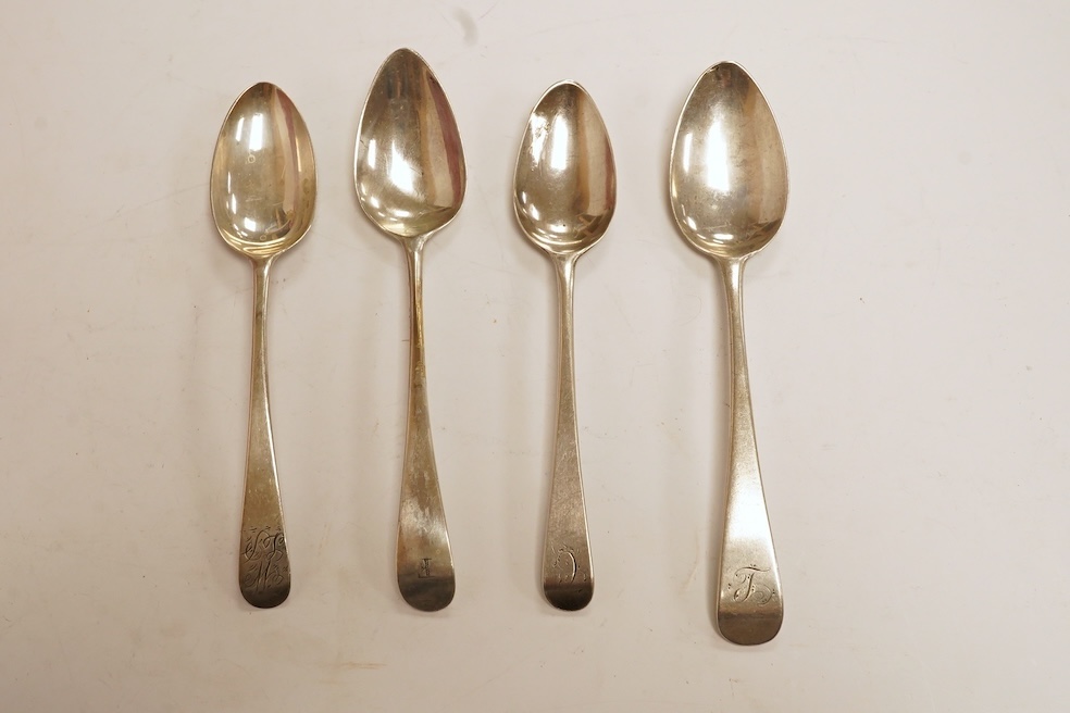 A collection of forty five assorted George III and later silver Old English pattern teaspoons, various dates and makers including Peter, Ann & William Bateman and a set of six by William Bateman, London, 1815, some with